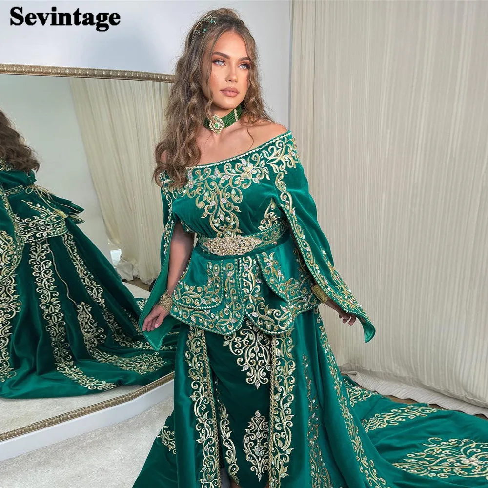 Sevintage Arabic Mermaid Velvet Evening Dress Boat Neck Lace Applique 3 Pieces Belt Prom Gown Floor Length Algerian Outfit 2024