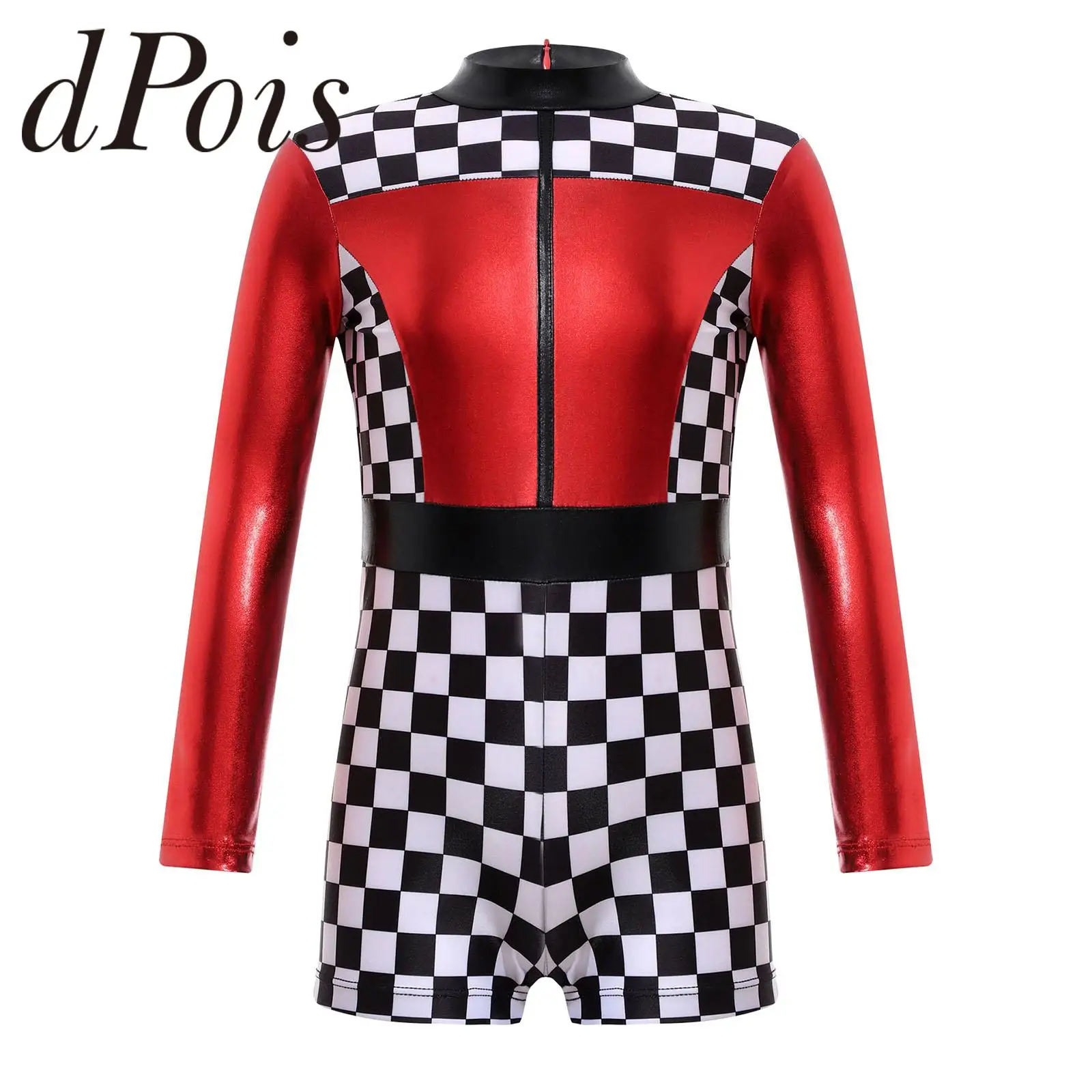 

Kids Girls Long Sleeve Checkerboard Print Zipper Short Jumpsuit Dance Leoatrd Childs Role Play Race Car Racer Halloween Costume