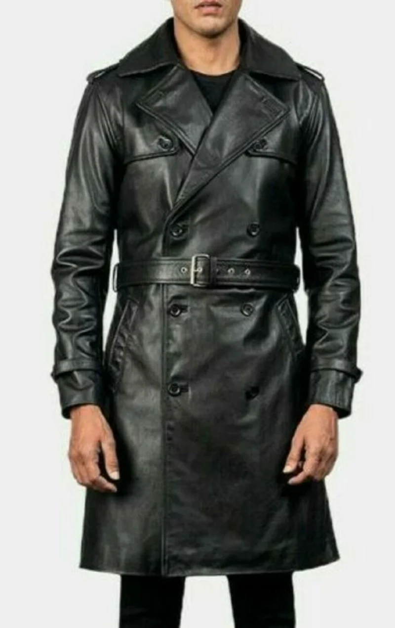 Men Leather Trench Long Coat Winter Genuine Lambskin Black Coat