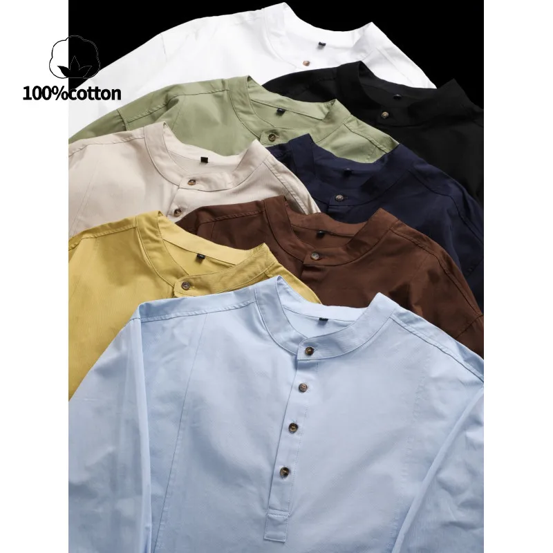 100% Cotton Heavyweight Fabric, Japanese-Inspired Style for Casual Streetwear Men's Retro Stand Collar Long-Sleeve Shirt