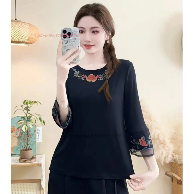 

2025 chinese vintage shirt national flower embroidery mesh patchwork folk shirt oriental hanfu tops ethnic retro base shirt