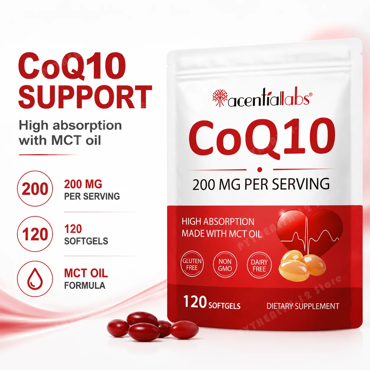 CoQ10 Softgels with MCT Oil for Heart Health, Cellular Energy Antioxidant Support, Absorption Ubiquinone Supplement,120 Count