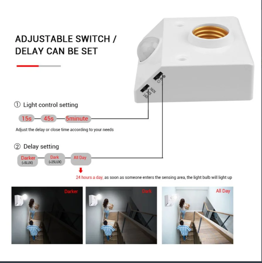 PIR Sensor Holder Socket LED AC220V 110V 85-265V Automatic Human Body Infrared Bulb Light E27 Base PIR Motion Detector Wall Lamp