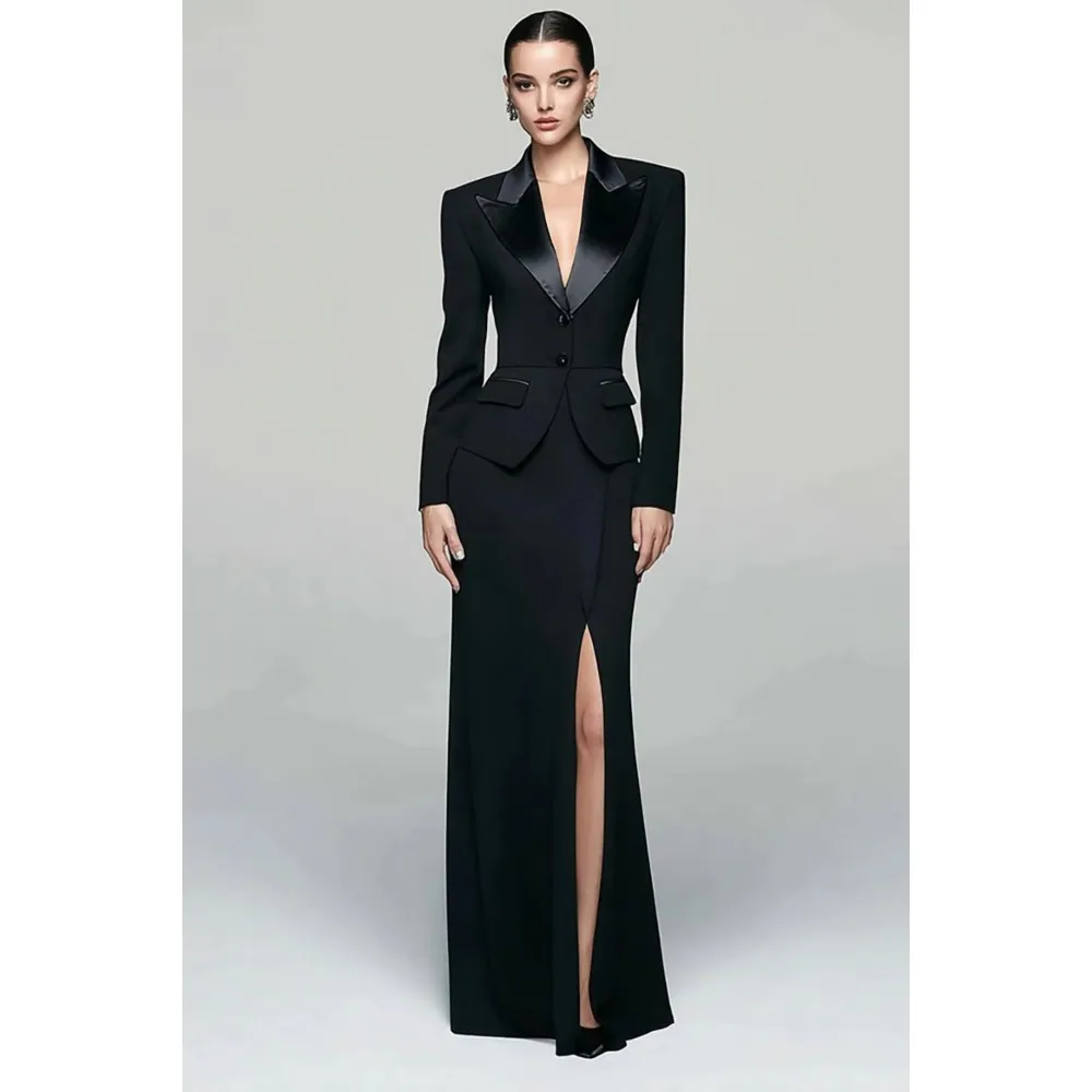 

Elegant Black Blazer Dress with Satin Lapel | Long Evening Gown with Front Slit for Formal Events & Parties