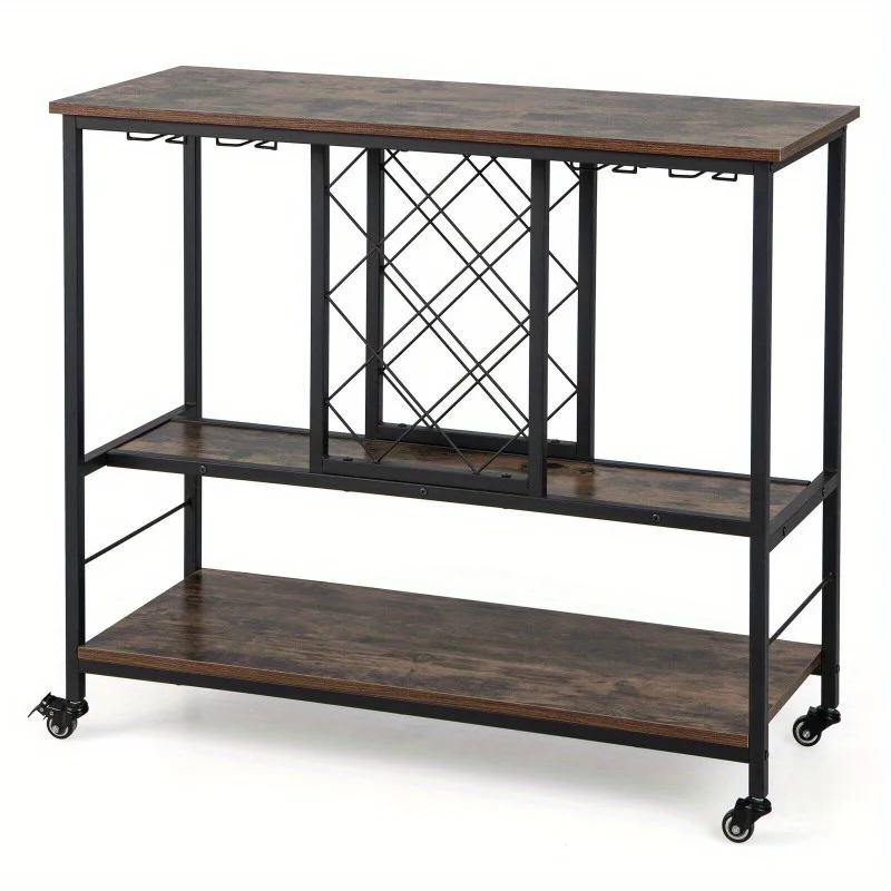 Industrial Liquor Bar Serving Cart Home Bar Cart w/ 3 Open Shelves & 4 Wheels