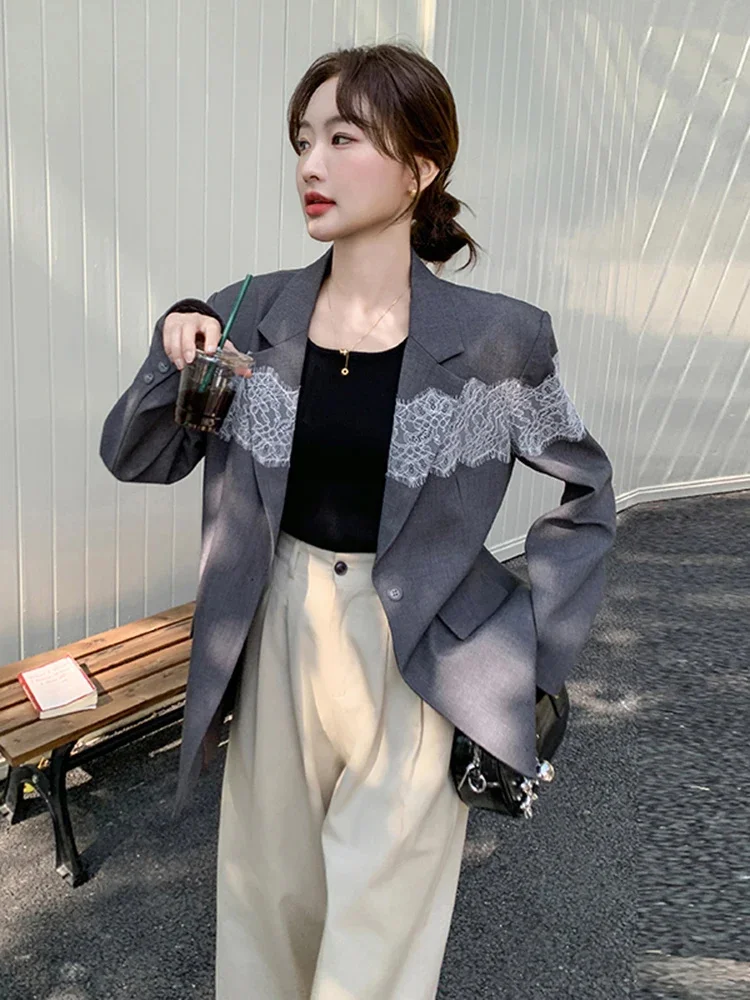 

Office Lady Patchwork Lace Grey Women's Blazer Fashion O-Neck Long Sleeve One Button Suit Jacket Spring 2025 New 2DE142