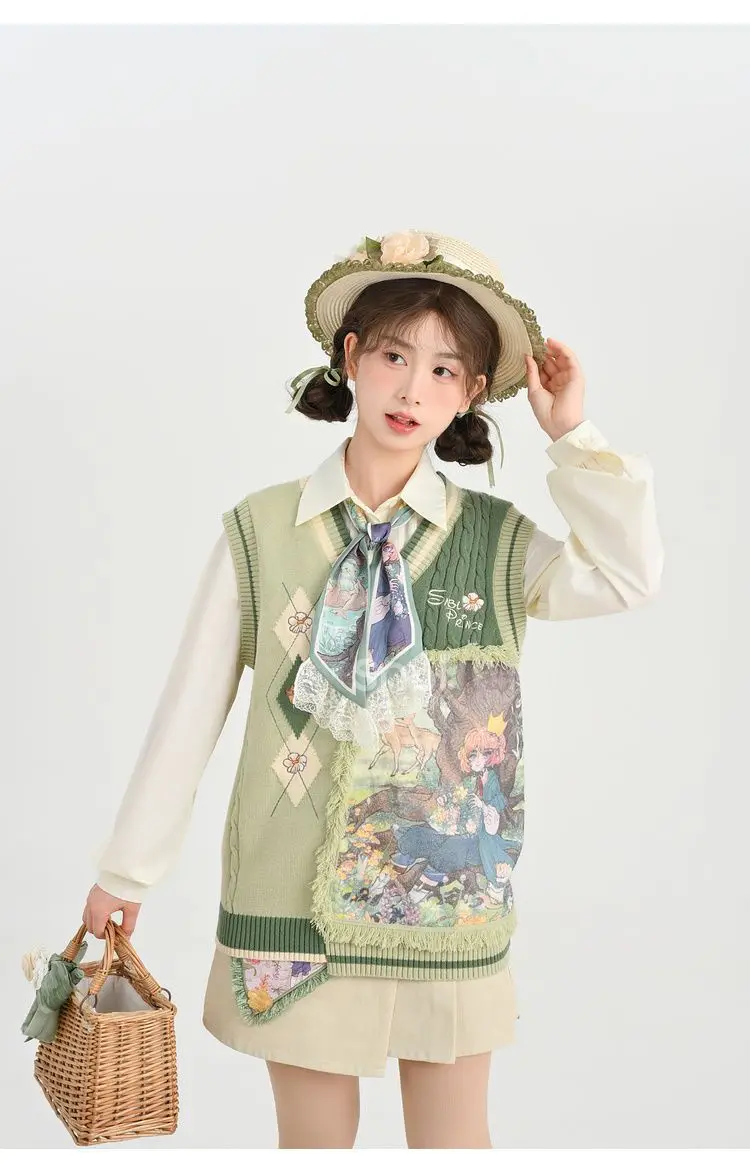 Suéter de punto estilo chica Mori, chaleco para mujer, suéter con estampado de pintura al óleo de dibujos animados Kawaii, abrigo, Jersey de punto Harajuku, chaleco, Tops