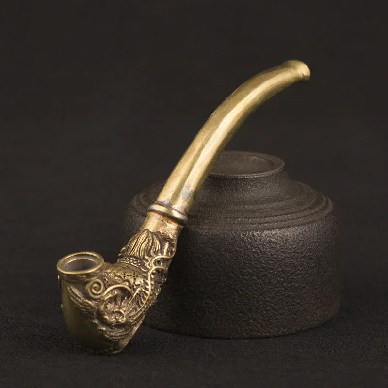 Vintage Brass Dragon Pattern Bent Smoking Tobacco Pipe Accessories Chinese Traditional Pure Copper Cigarette Holder Collections