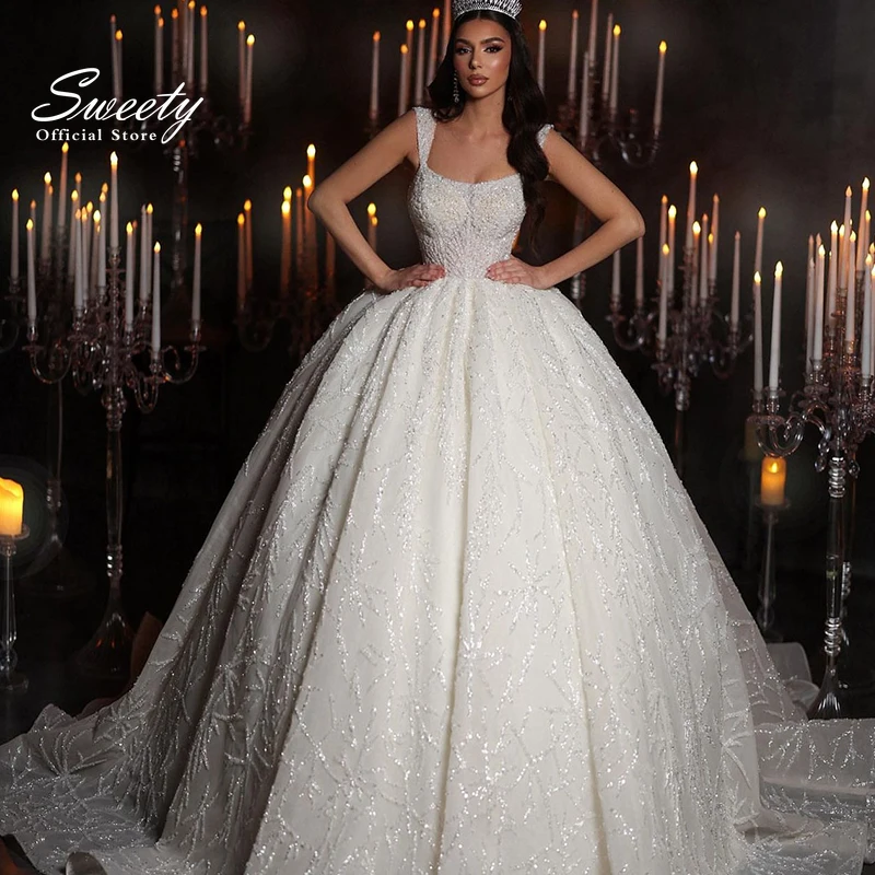 Glitter trouwjurk organza met borduurwerk kraal baljurk vierkante kraag mouwloze bruid vetersluiting vestido de novia aangepast