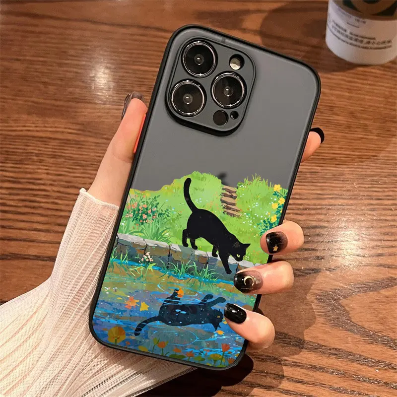 Anime Landschaft Malerei Nette Katze Telefon Fall Für iPhone 17 16 15 14 Pro Max Plus 11 12 13 Mini Pro max Stoßfest Zurück Abdeckungen – Detail 2