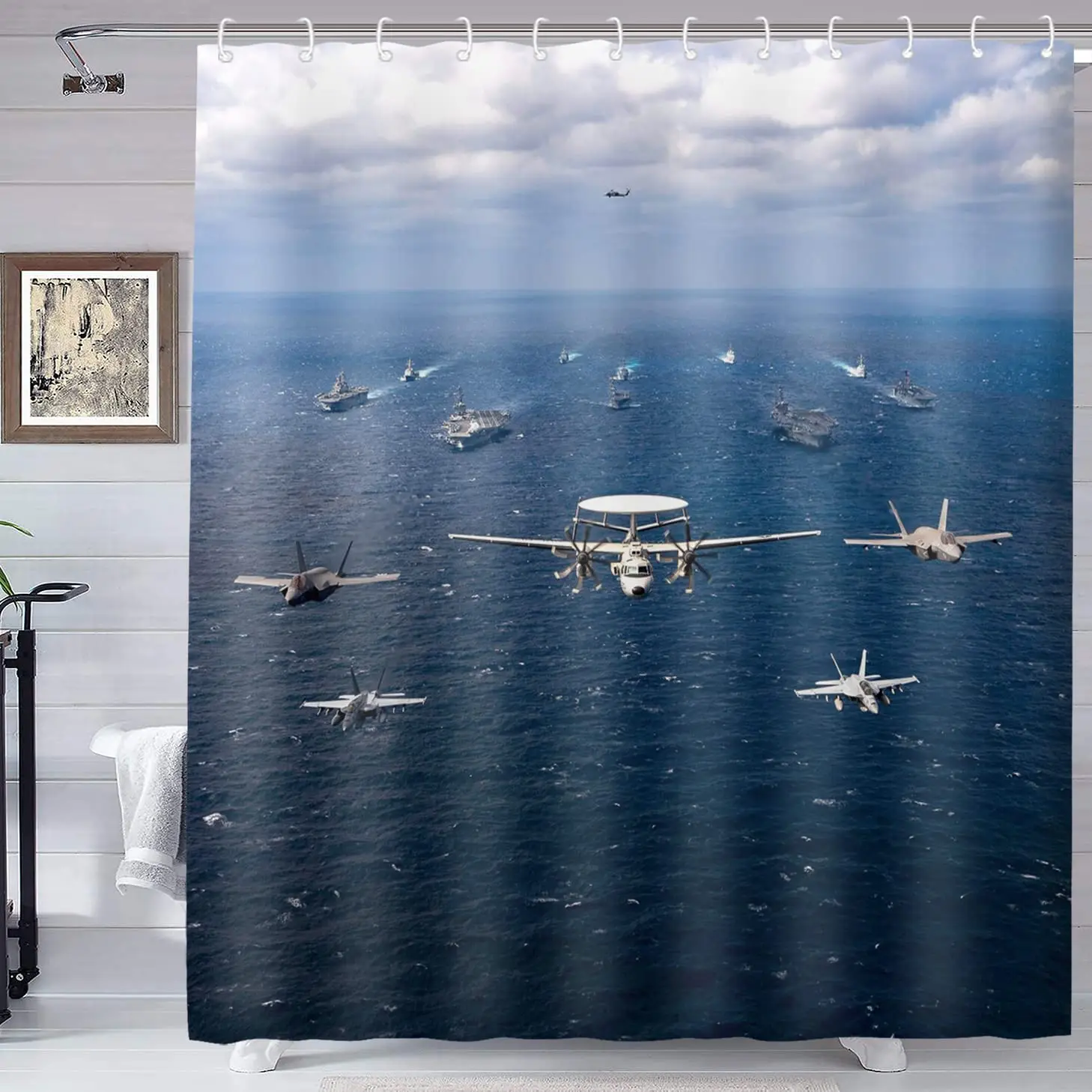 Warcraft Deck Jet Fighter Shower Curtain for Military Fans Bathroom,Warship Plane Coast Shower Curtain Fabric Bathroom Curtains