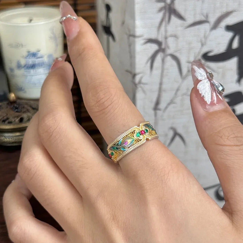 Retro silver 925 Colored Enamel Ring Light Luxury High Grade paint in golden Phoenix Feather rings for women Wedding Jewelry