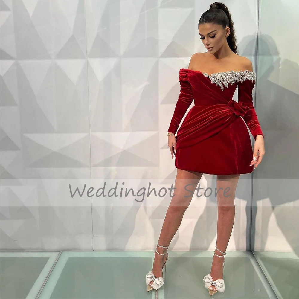 Red Velvet Cocktail Dress Mini Off the Shoulder Long Sleeves  Gown Short Sparkle Crystal A Line Sexy Birthday Party