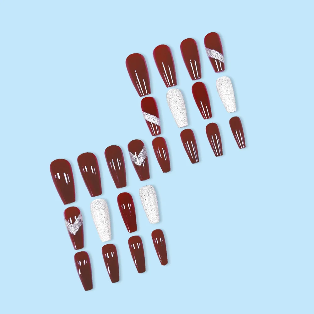 플래시 파우더 프레스온 네일 롱 코핀 가짜 손톱 와인 레드 디자인 아크릴 반짝이는 골드 스파클링 와인 레드 디자인 인조 손톱