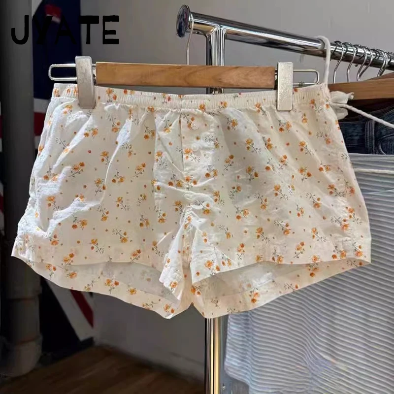 Orange Floral Print Buttons Short Pants Women Summer New High Waist Casual Streetwear Home Underwear Vintage Chic Cute Shorts