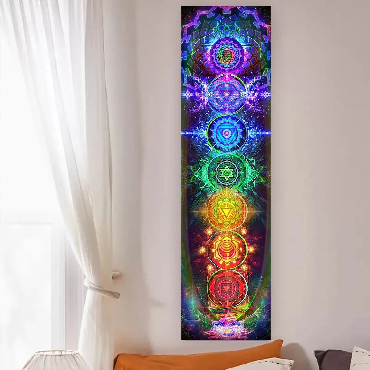 Colorful Chakra Wall Tapestry Yoga Meditation Wall Hanging for Bedroom Home Decor Black Wall Art Decor with Spiritual Energy