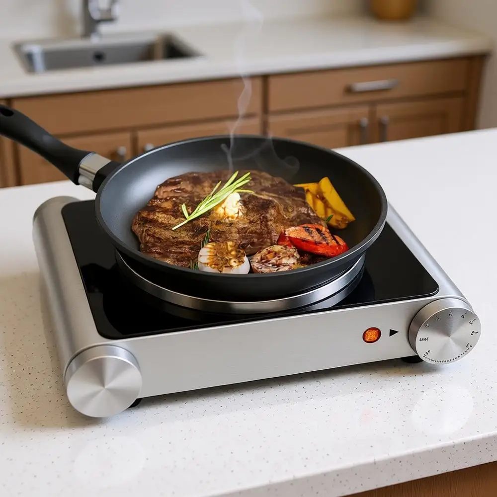 

1500W Electric Stove Single Burner with Adjustable Temperature Control, Silver Stainless Steel Body