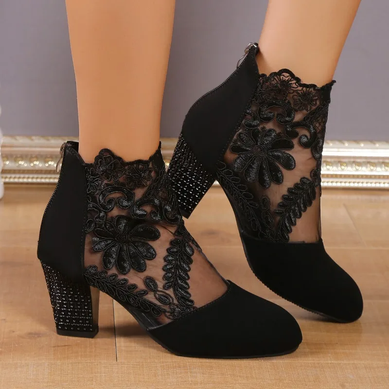 Mesh Damen Sandalen atmungsaktive hochhackige Stiefel Mode Knöchel Kleid Schuhe dünne High Heel runde Zehen atmungsaktive Stiefel Damenschuhe