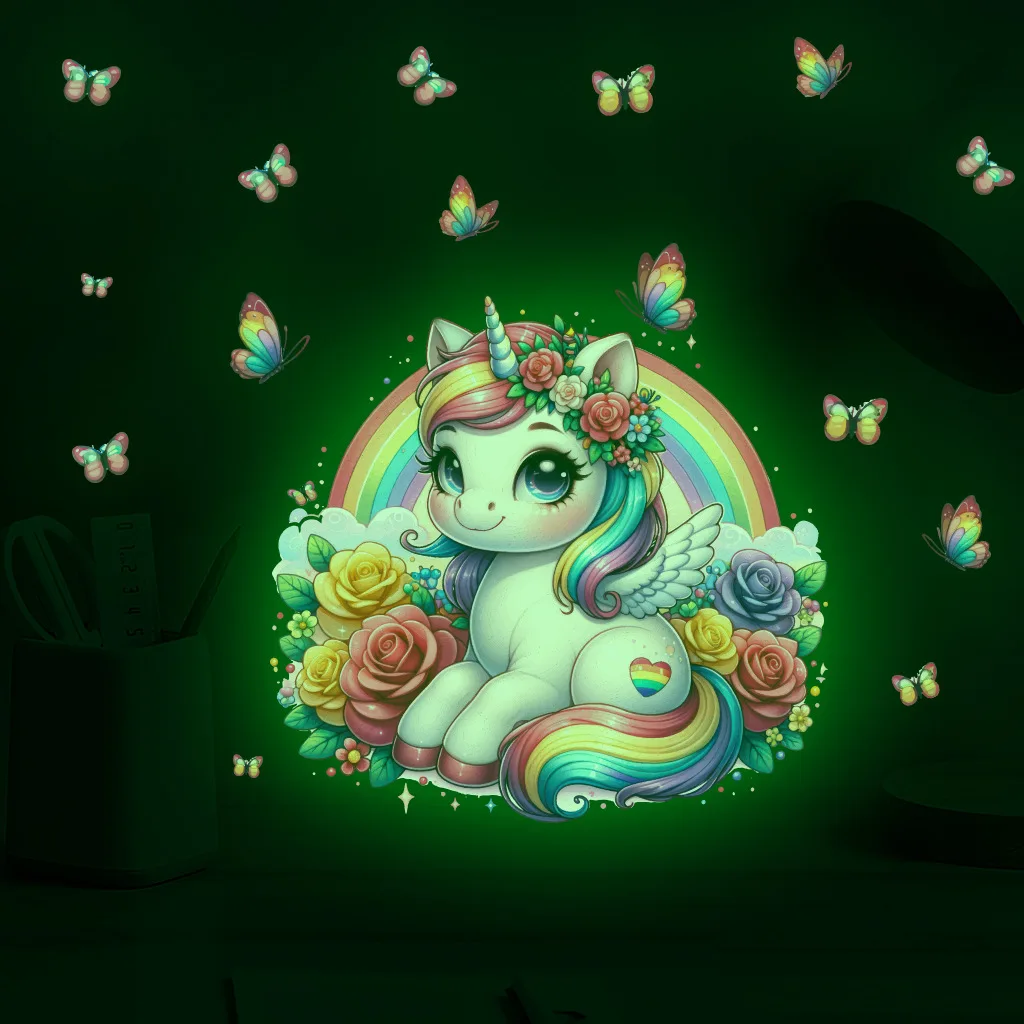Luminous Unicorn Rainbow Wall Sticker Flower Butterfly Glow In The Dark Decor For Children's Room Decorative Stickers