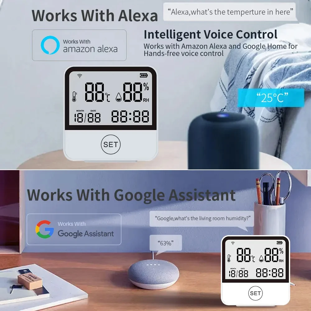 Tuya Smart Wifi Temperature Humidity Sensor Indoor Hygrometer Thermometer Remote Real-time Monitoring Support Alexa Google Home
