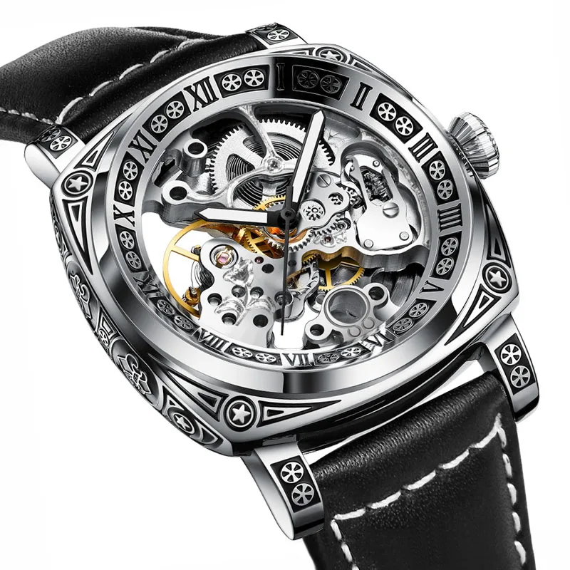 HOT Selling Brand GLENAW Men Automatic Watch Retro Style Mechanical Watches Skeleton Carve Waterproof Leather Mens Watches Gift