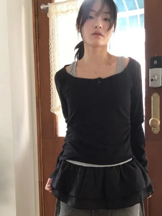 Dongda Gate 2025 lente zomer nieuwe Sle Long Sve slim fit T-shirt met kanten zoom en kleur Blo Design schattig Sle gebreid...