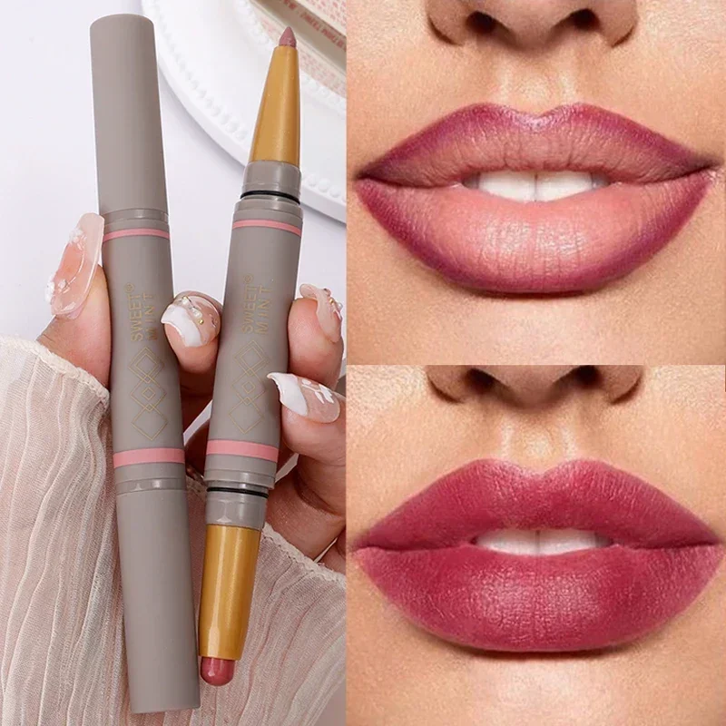 Waterdichte dubbele matte lipliner-pen Blijvende opvullende lippenstift Natuurlijke omtrek Lipcontourlijn Make-up Lipliner-potlood