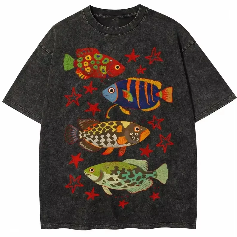 Colorful Aquarium Marine Life Tee Harajuku Tropical Fish Print T-Shirt Vintage Washed T Shirt Cotton Oversized Streetwear Unisex