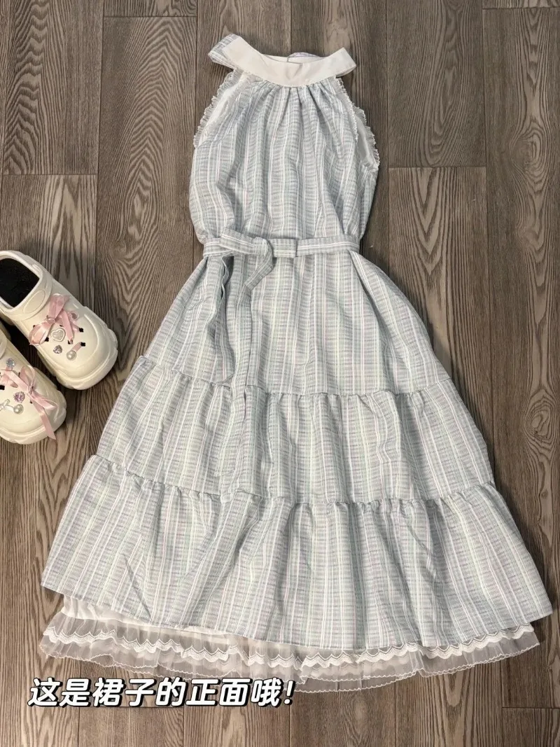 Süße Ärmellose Lange Kleid Frauen Koreanische Plaid Bogen Spitze Up Taille EINE Linie Rüschen Kleider Off Schulter Fee Strand Robe