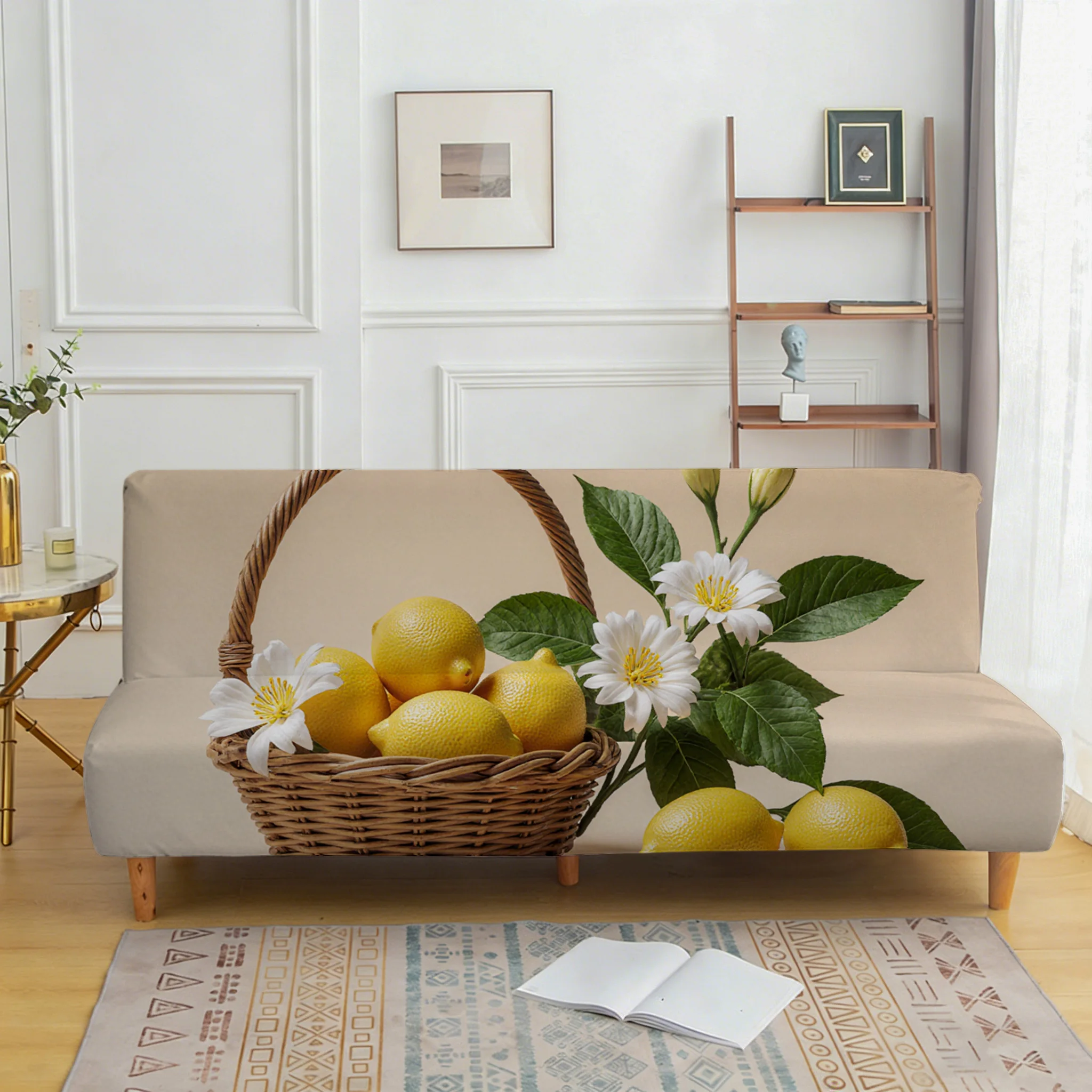 Living room bedroom universal elastic sofa bed cover, flower basket lemon pattern, dustproof machine washable sofa bed cover