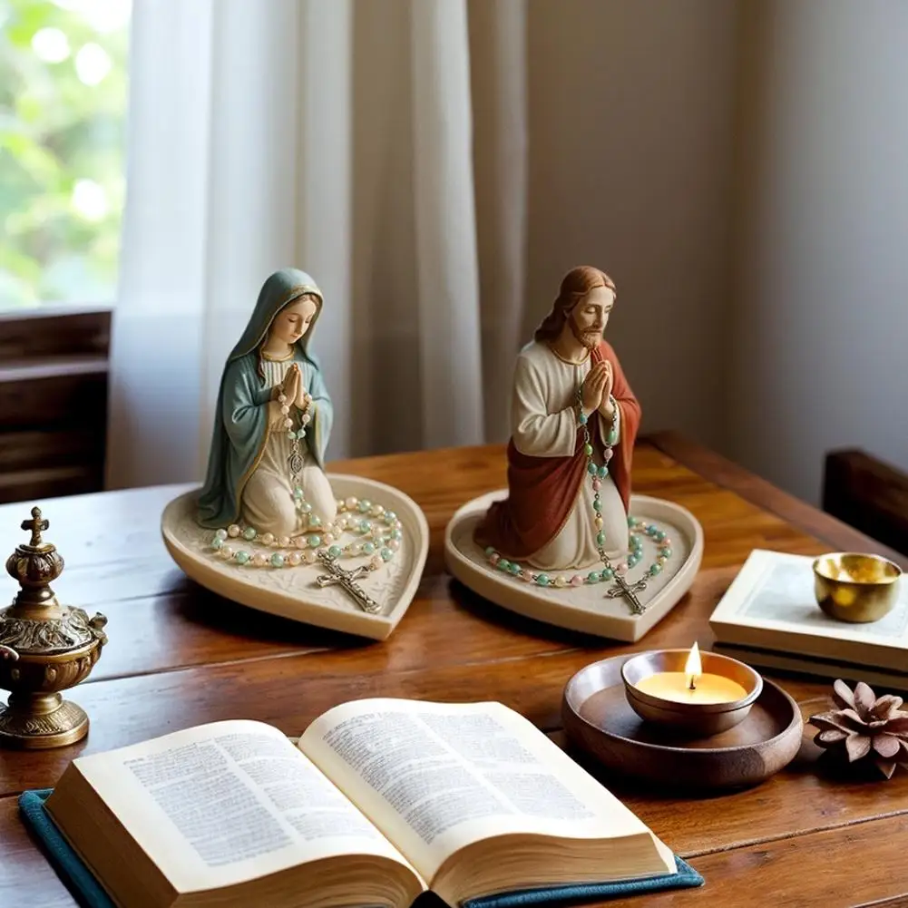 Timeless Charm Resin Rosary Holder with Mary Figurine for Catholic Devotional Home Decor Lady Prayer Dish Jewelry For Bedroom