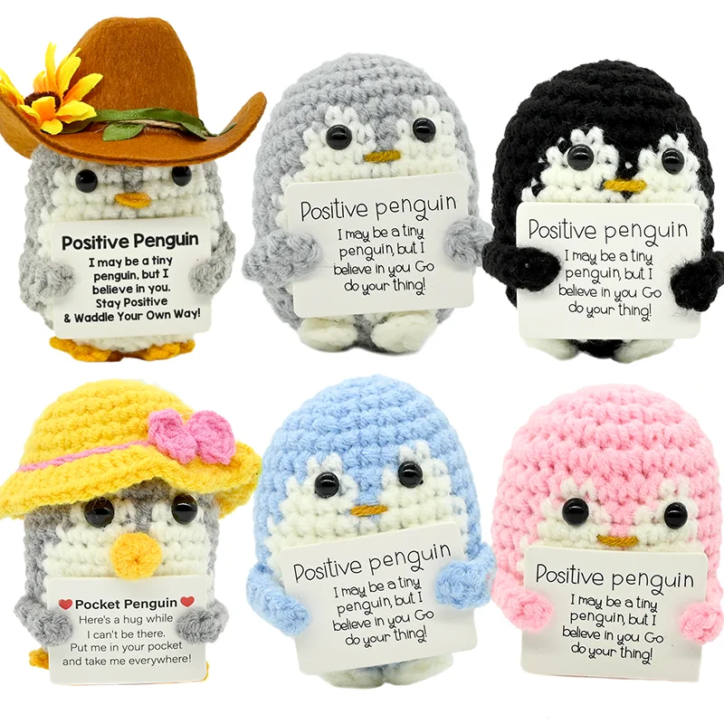 AnimalSeries Poupée pingouin en crochet à énergie positive, Ornement décoratif tricoté à la main avec carte d'encouragement, Mini décoration de bureau, Cadeau