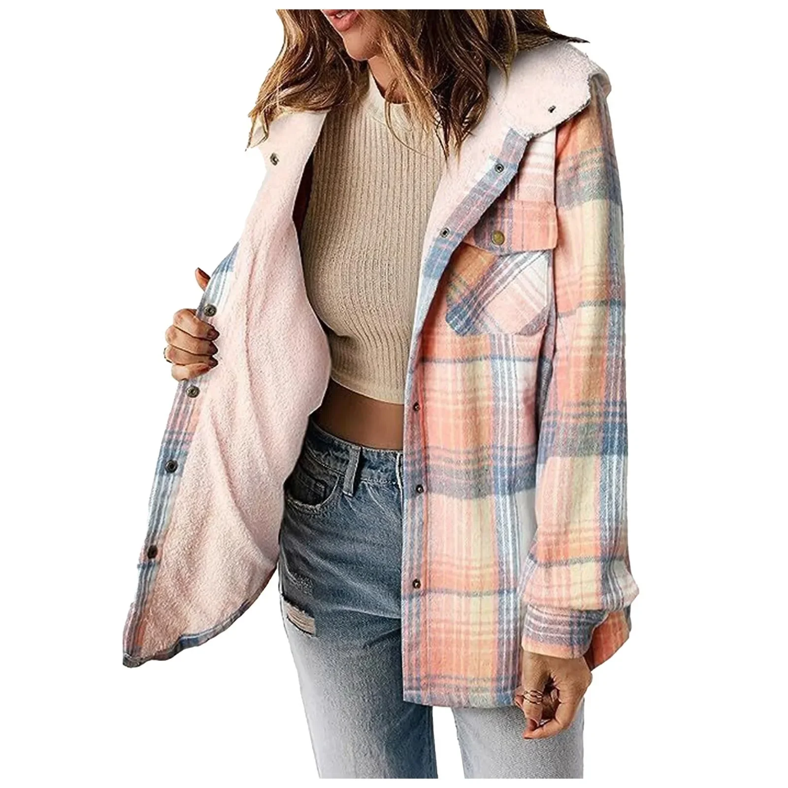 Winter Tops Woman 2024 Womens Plaid Shacket Jacket Long Sleeve Button Down Fleece Hooded Jackets Warm Coat Abrigos De Mujer