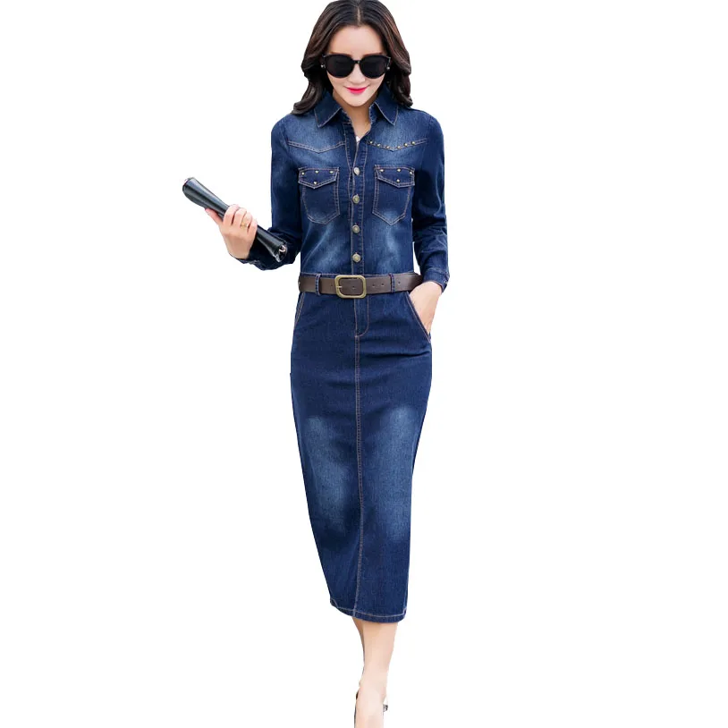 

Elegant Slim Spring And Autumn Women Denim Dress New Korean Style Lapel Long-Sleeved Belt Pocket Hip Dresses Female Ok752