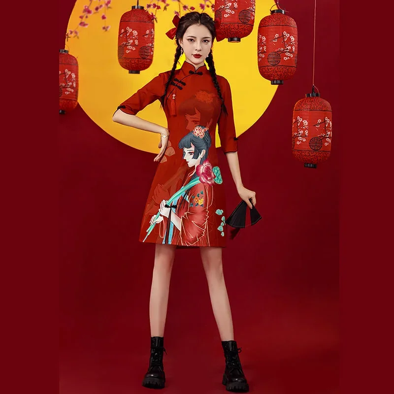 

China National Style Qipao Fashion Red Spring Summer Short Print Vintage Slim Modern Women 2022 Women Cheongsam Chinese Dress