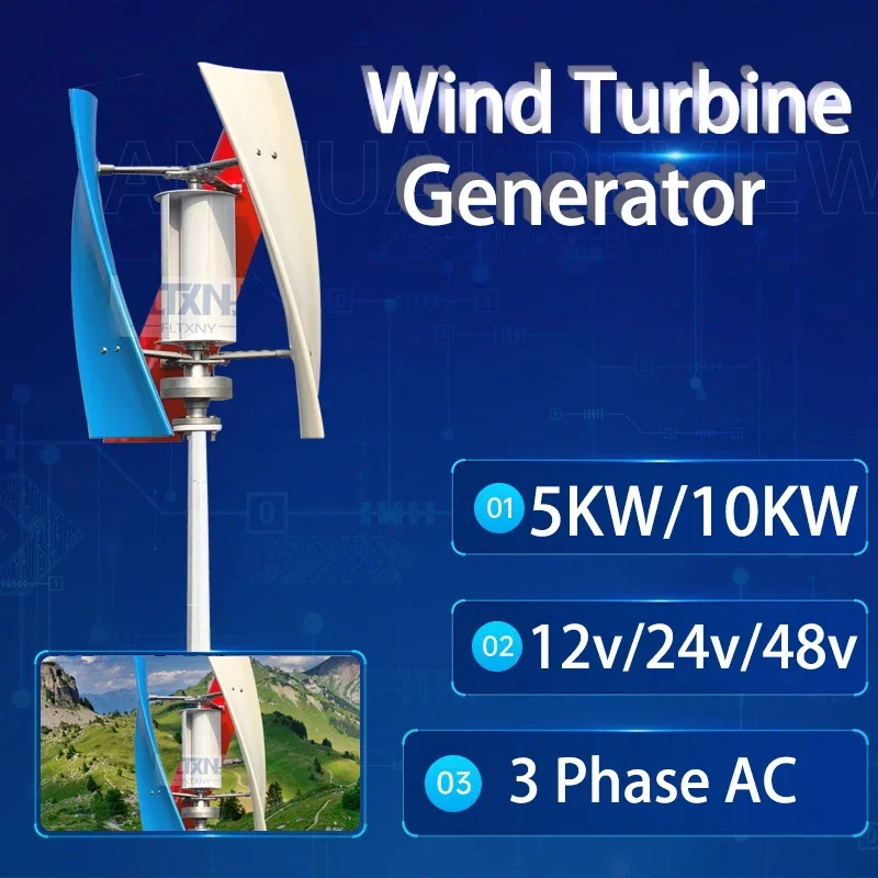 

5000W Vertical Wind Turbine Generator 12V 24V 48V Magnet Windmill Low Wind Speed With Off Grid System MPPT Charging Controller