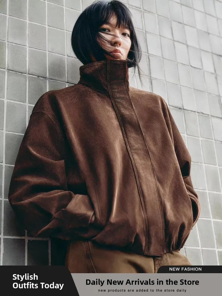 

Casual Long Sve Zipper Reverse Suede Stand Collar Jaet for Women Autumn New Arrival Simple Sle Ladies Faion Outerwear