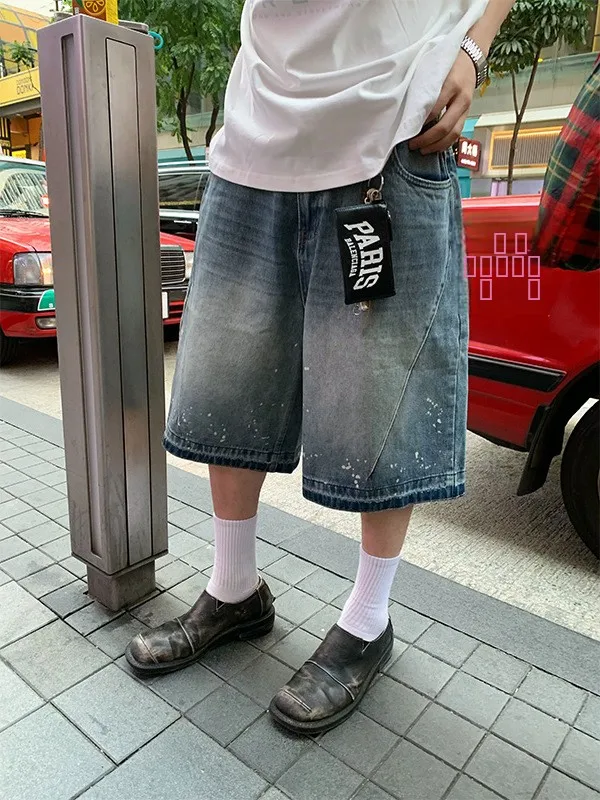 

American Retro Wide Leg Seven-Foot Jeans Men Women Summer Loose Casual High Street Shorts Straight Five-Foot Pants