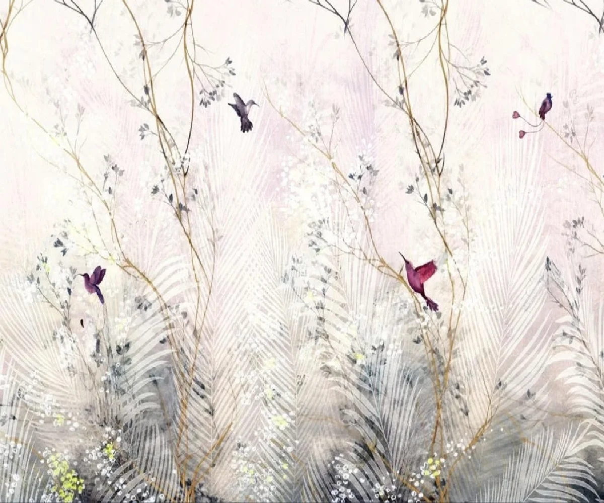 Customize wallpaper of any size French retro art reed flower mural flower bird grass scenery living room TV background wallpaper