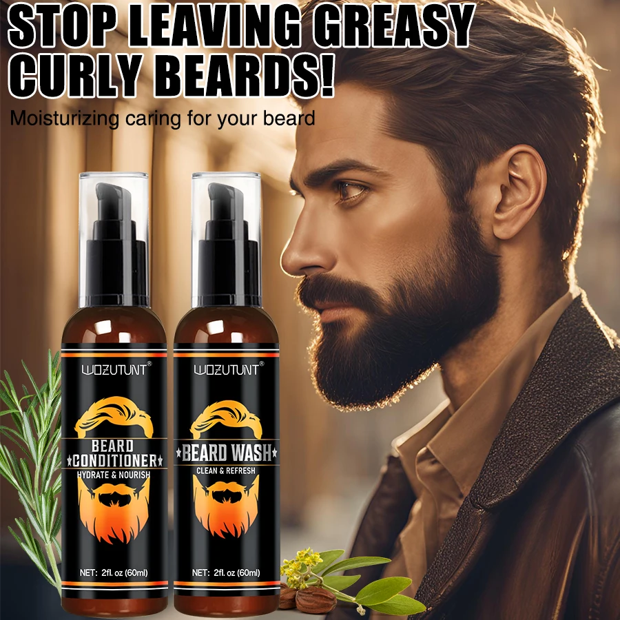 Beard Care Kit for Men, Wash Conditioner Beard Oil and Balm with Comb Brush and Scissors, Sandalwood Scented, Perfect Gift for Men