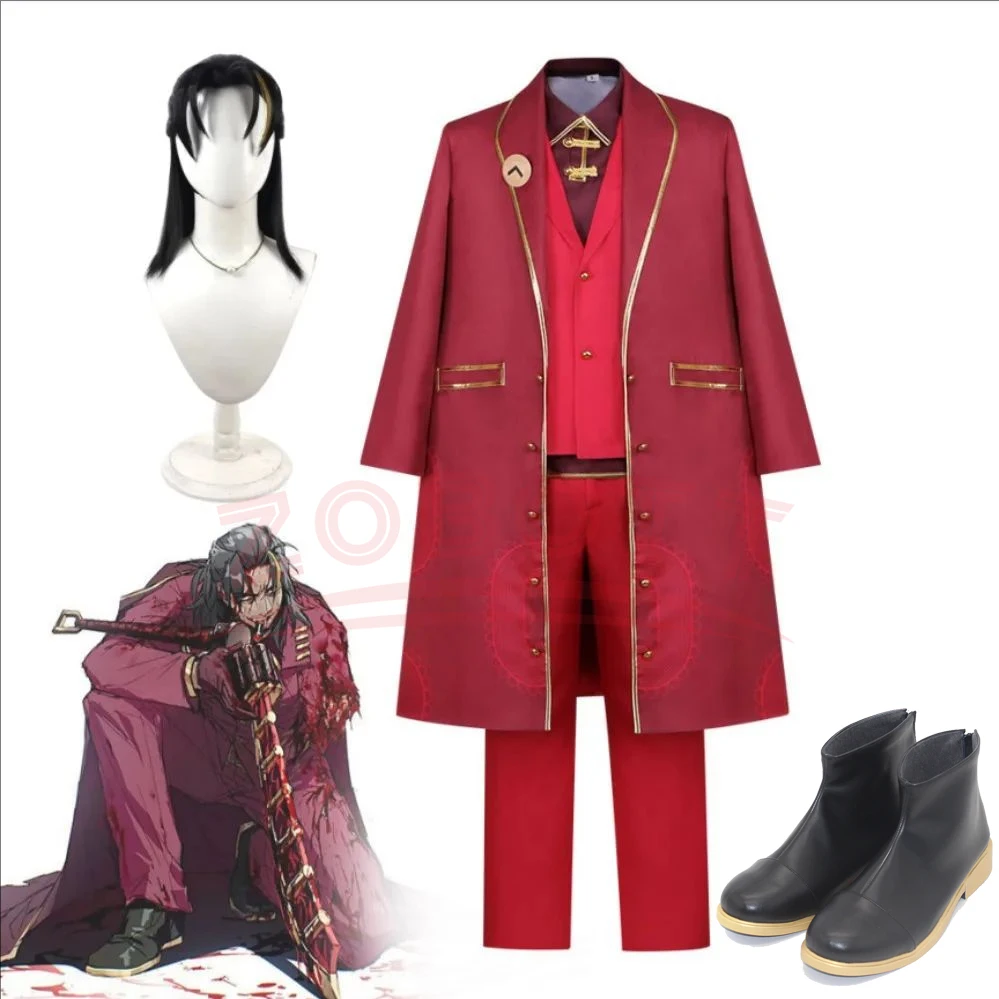 

Lei Heng Limbus Company Cosplay Anime Game Costume Daddy Handsome Uniform Dark Red Long Coat Vest Suit Wig Halloween Party Boots