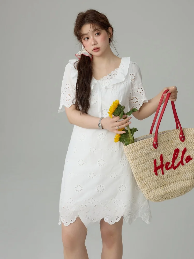 

plus Size Embroidered Dress Square Collar Slimming Waist Design Summer New Style High Waist Cotton Casual A-Line Skirt
