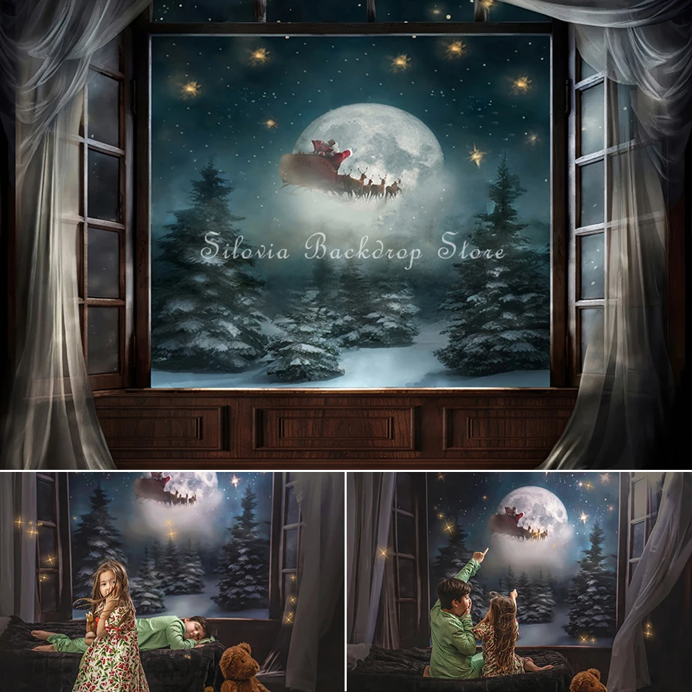 

Christmas Eve Window Snow Backdrops Photography Santa Sleigh Background Photo Studio Props Xmas Tree Decorations Backdrop Cloth