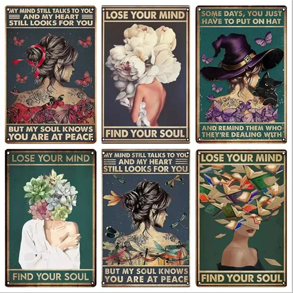 العثور على روحك ملصق زهرة امرأة علامة معدنية القط الأسود خمر اللوحة غرفة نوم غرفة المعيشة دبوس حتى لوحة تزيين جدران المنزل #3