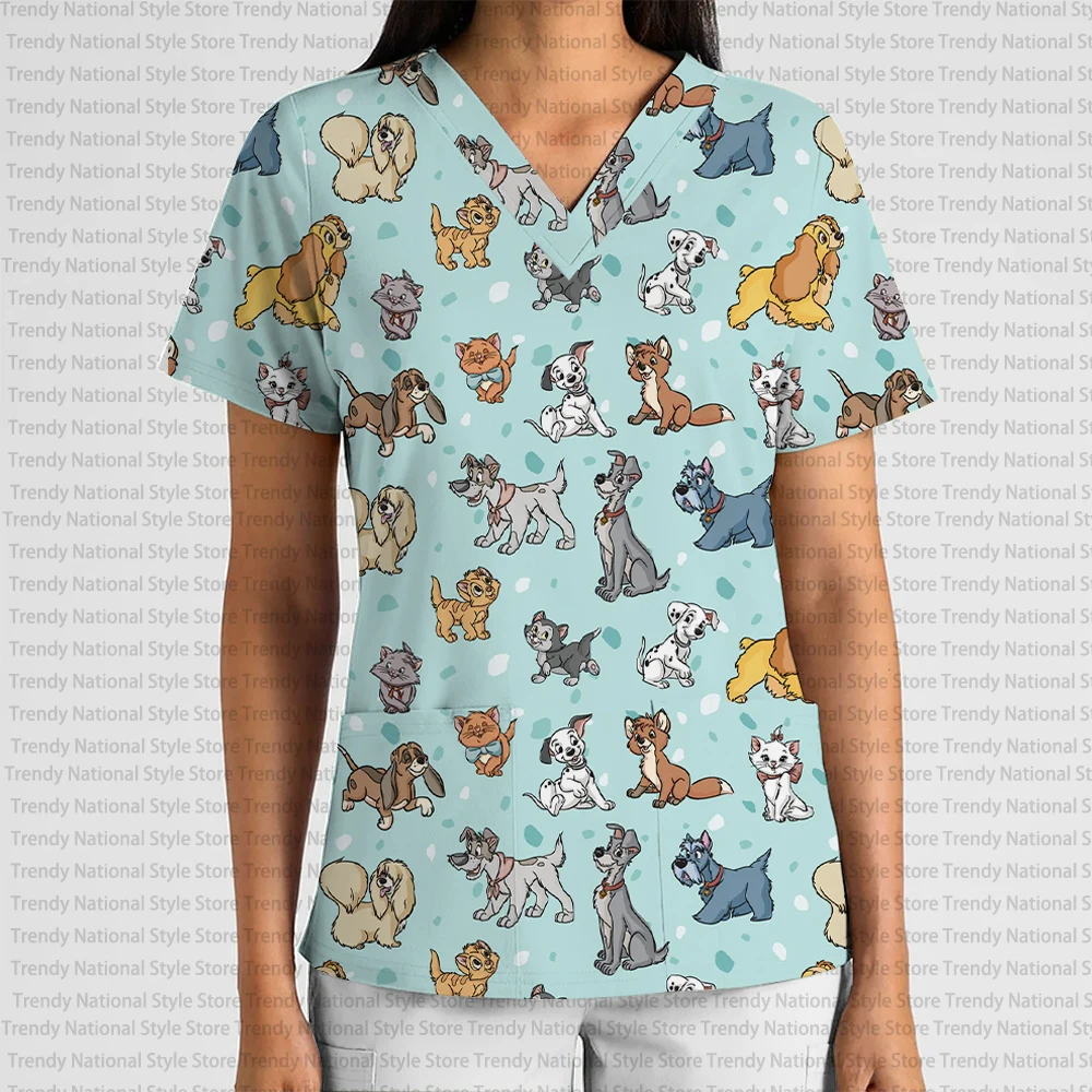 2025 New Summer Disney Cartoon Print Women's Work Uniform V-Neck Pocket Scrub Top Dental Pet Shop Beauty Salon T-shirt