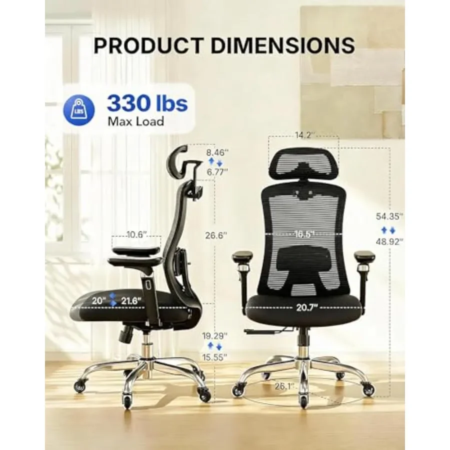 Ergonomic Office Chair for Home and Office Use, Mesh Back and Seat in Black, 6D Adjustable Armrest and Dynamic Lumbar Support