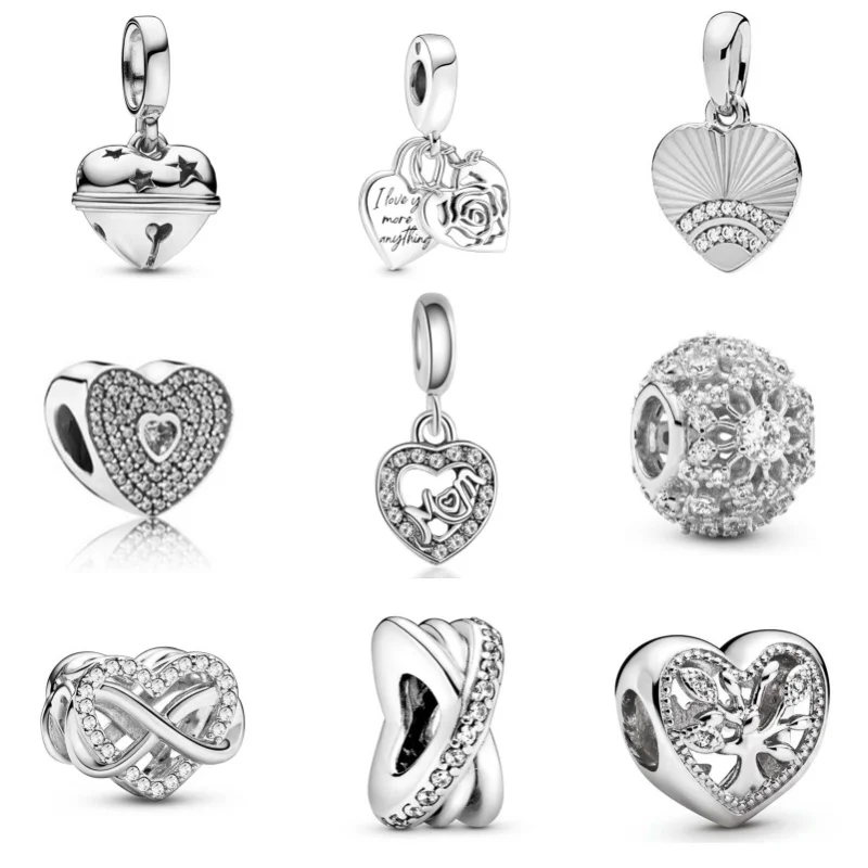 2024 New Silver Plated Diamond Heart Bell Loose Charm Beads For DIY Bracelet Necklace Jewelry Accessories Gifts