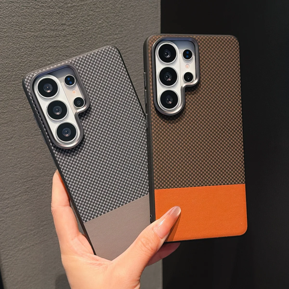 Business Splice Grid Kevlar Texture Leather Case For Samsung S26 S25 S24 S23 S22 Ultra Hit Color Plaid Matte Shockproof Cover