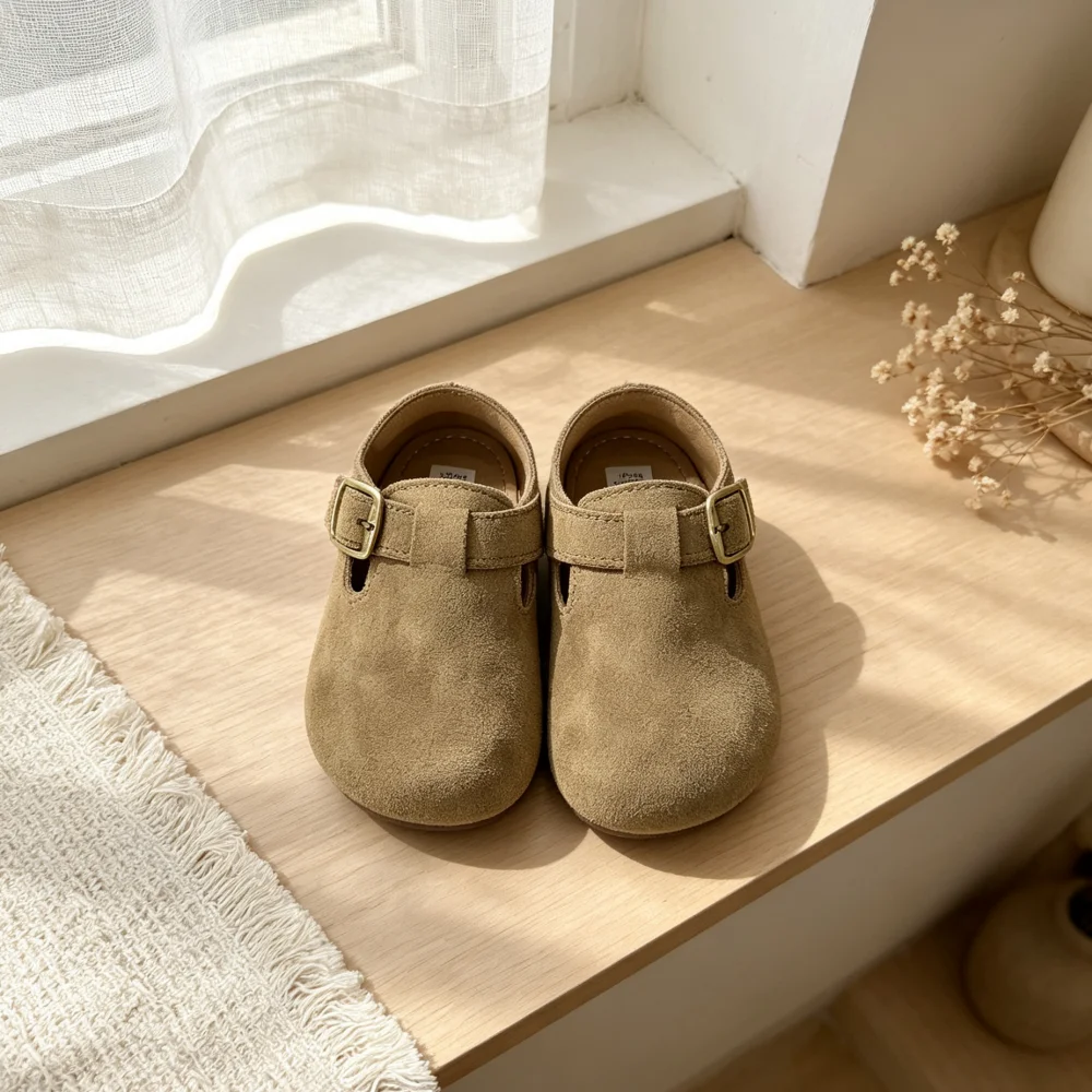 Girls Suede Leather Shoes with Buckle 2026 New Autumn Kids Toddler Barefoot Moccasins Non-slip Simple Retro School Daily Wear