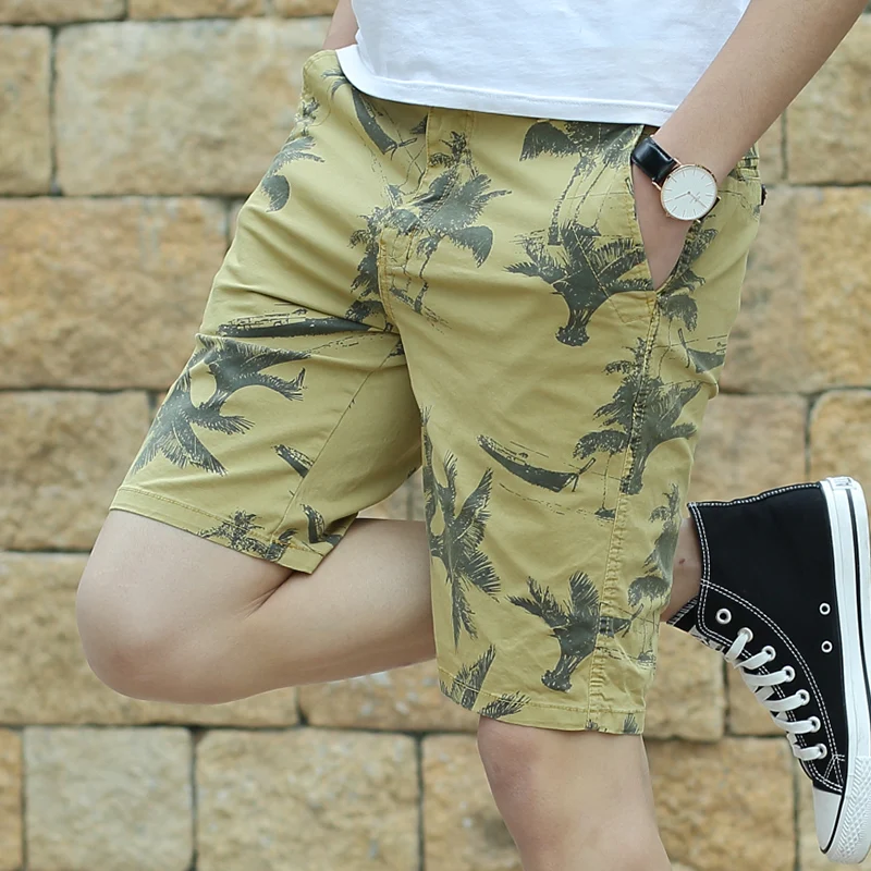 2024 Summer New Simple and Trendy Men\'s Elastic Waist Pocket Slim Fit Leisure Sports Capris Pure Cotton Camo Beach Shorts